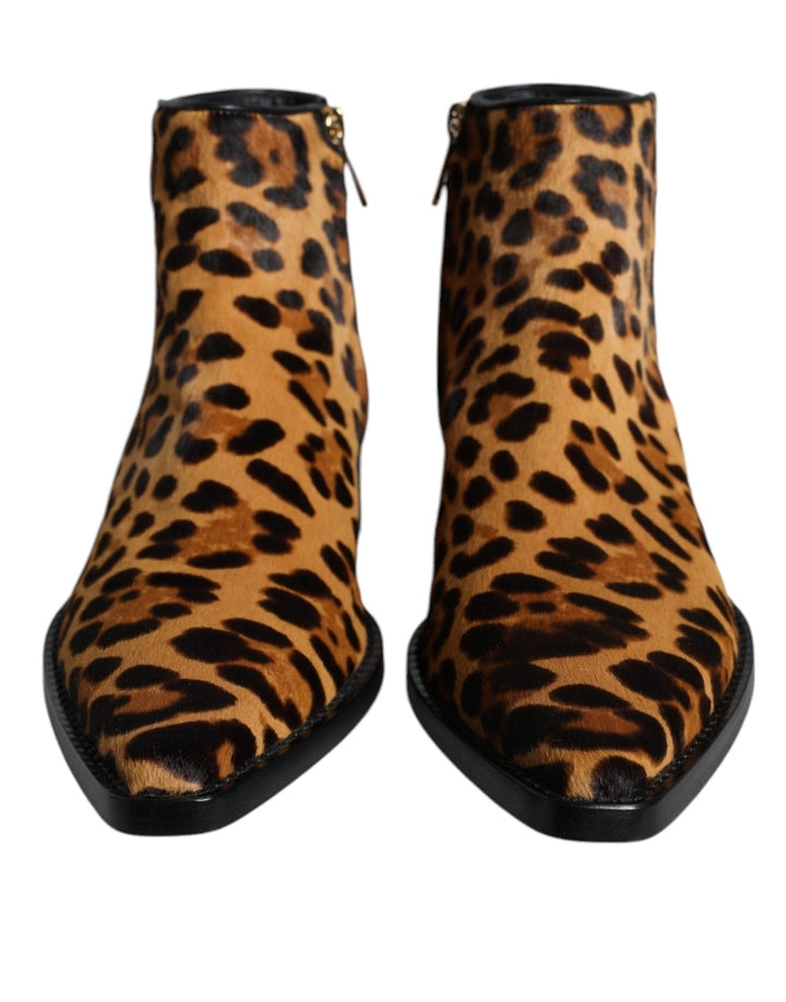 Women’s Dolce &amp; Gabbana Brown Leopard Calf Fur Ankle Boots Shoes