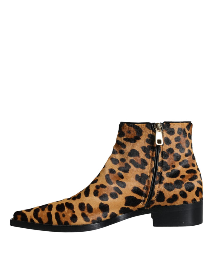 Women’s Dolce &amp; Gabbana Brown Leopard Calf Fur Ankle Boots Shoes