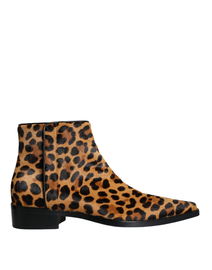 Women’s Dolce &amp; Gabbana Brown Leopard Calf Fur Ankle Boots Shoes