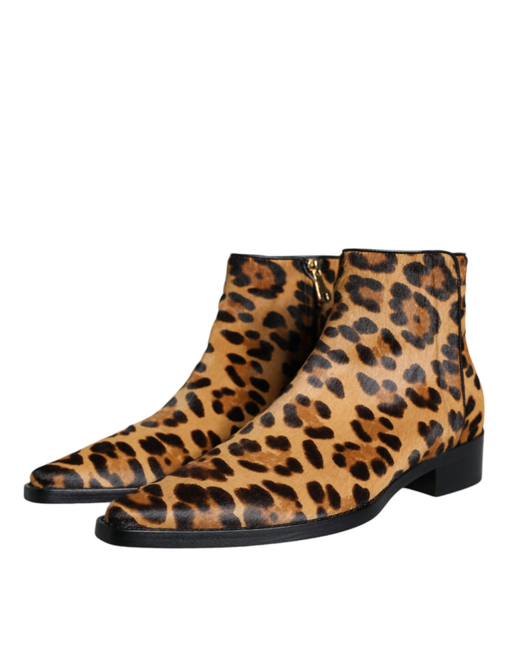 Women’s Dolce &amp; Gabbana Brown Leopard Calf Fur Ankle Boots Shoes