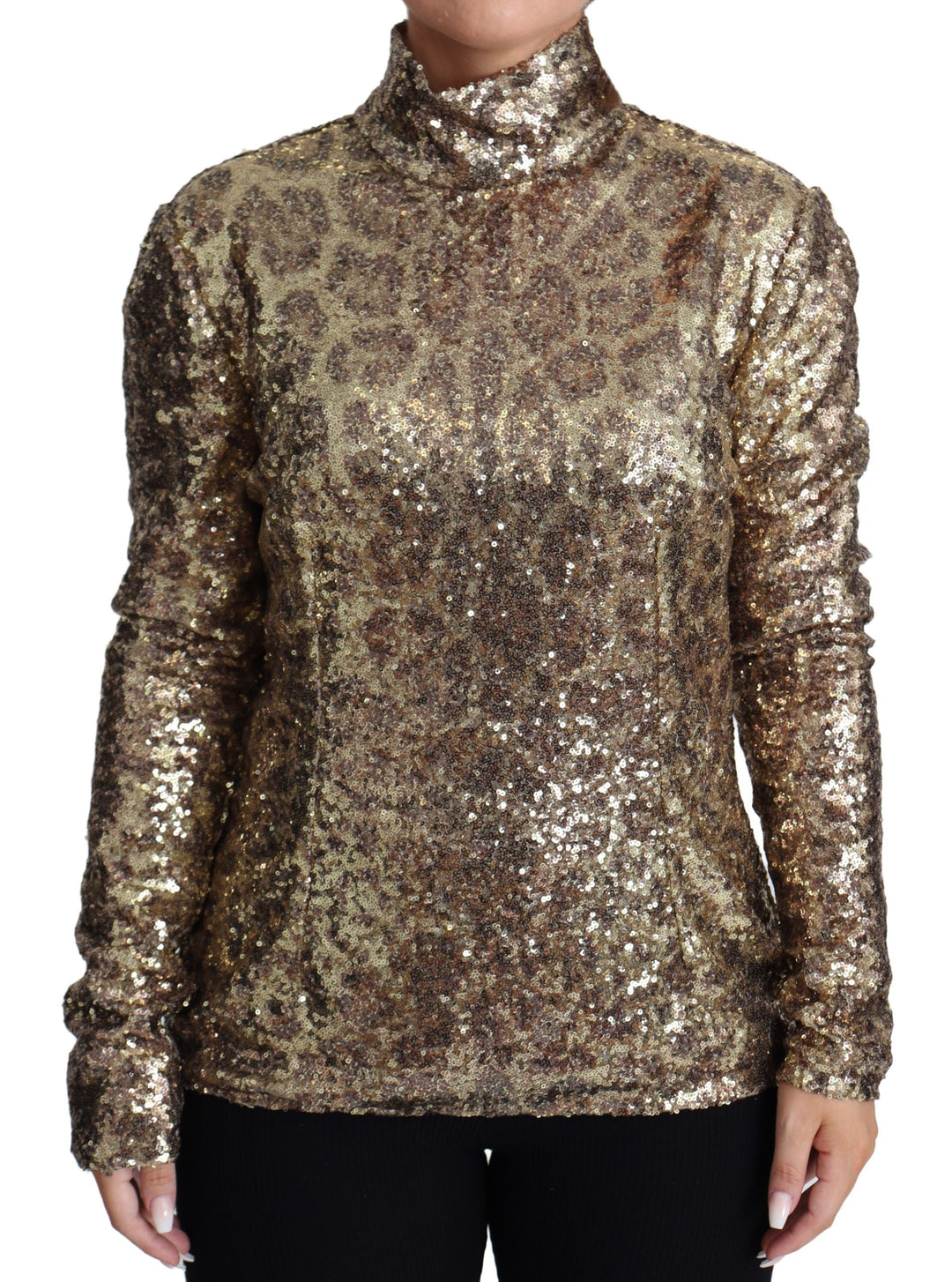 Women’s Dolce &amp; Gabbana Brown Leopard Fit Turtleneck Sequin Sweater