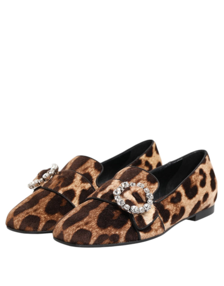 Women’s Dolce &amp; Gabbana Brown Leopard Print Crystals Loafers Flats Shoes