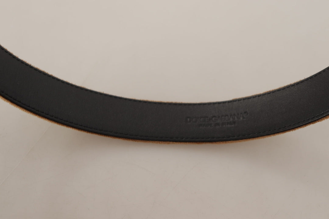 Women’s Dolce &amp; Gabbana Brown Velvet Bronze Vintage Logo Metal Buckle Belt