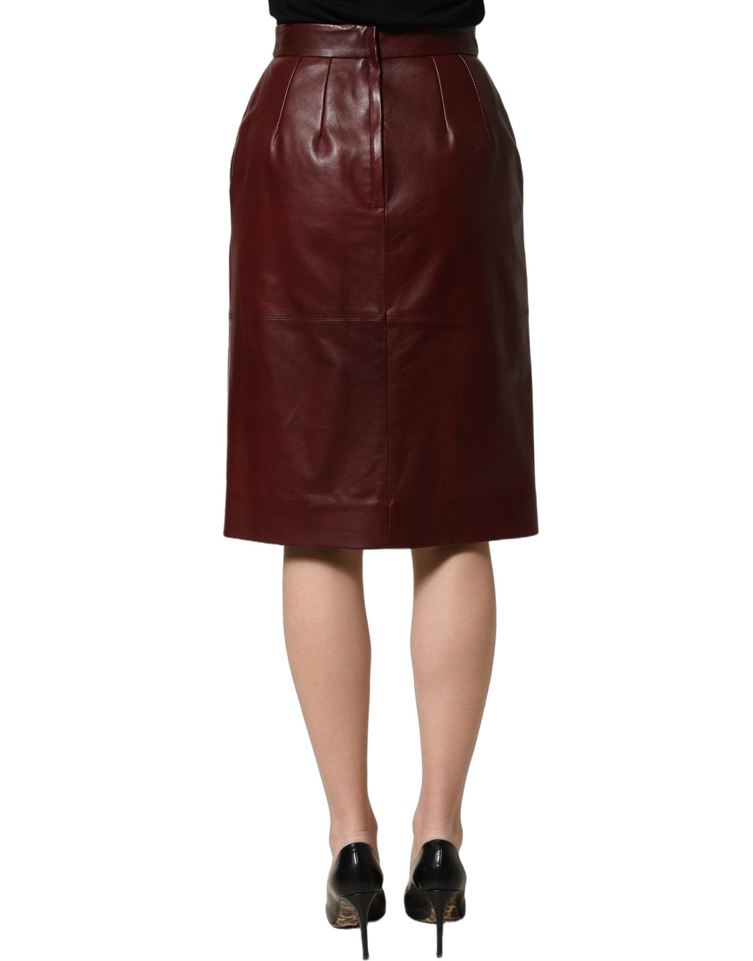 Women’s Dolce &amp; Gabbana Burgundy Leather High Waist Pencil Midi Skirt