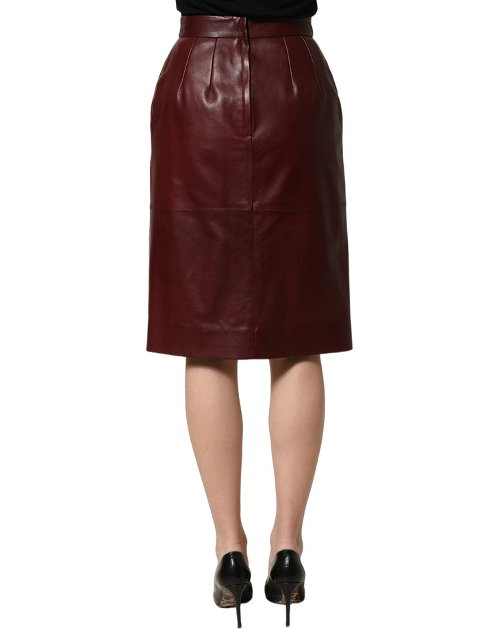 Women’s Dolce &amp; Gabbana Burgundy Leather High Waist Pencil Midi Skirt