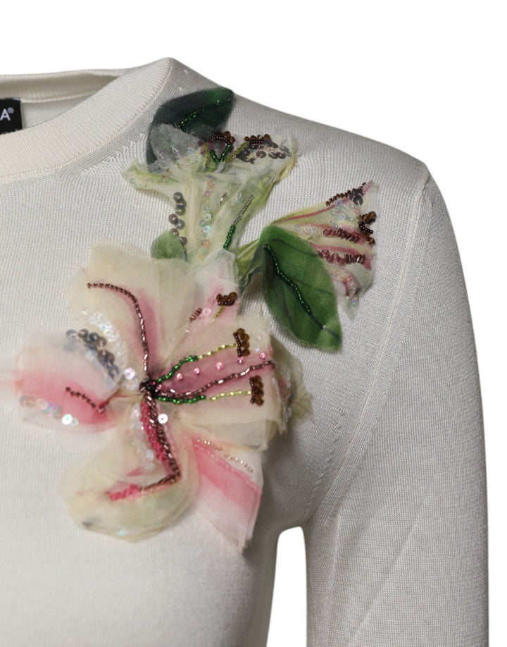 Women’s Dolce &amp; Gabbana Cream Floral Silk Embellished Cardigan Sweater