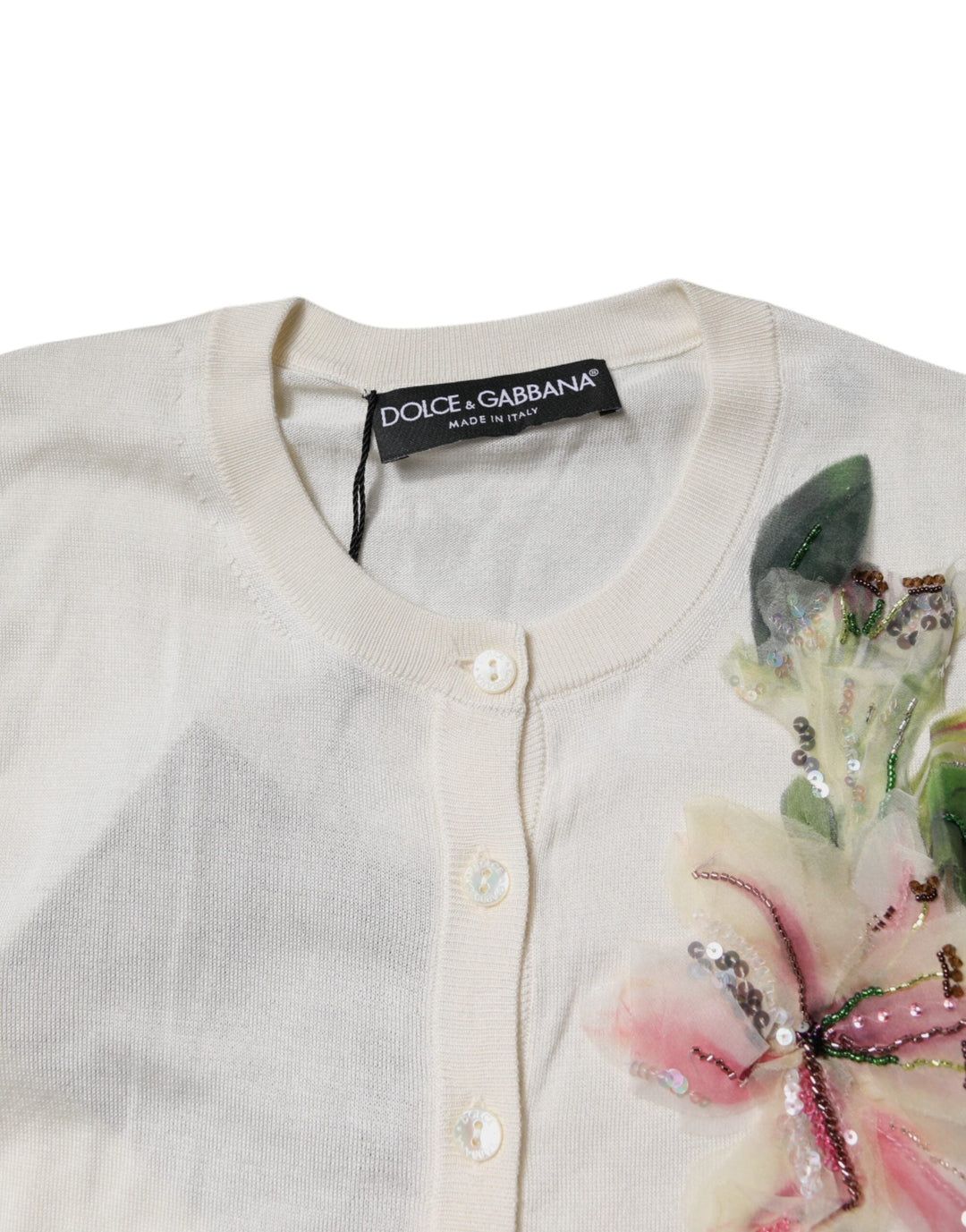 Women’s Dolce &amp; Gabbana Cream Floral Silk Embellished Cardigan Sweater