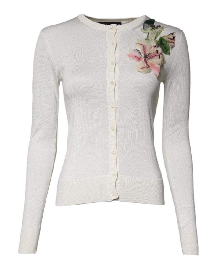 Women’s Dolce &amp; Gabbana Cream Floral Silk Embellished Cardigan Sweater