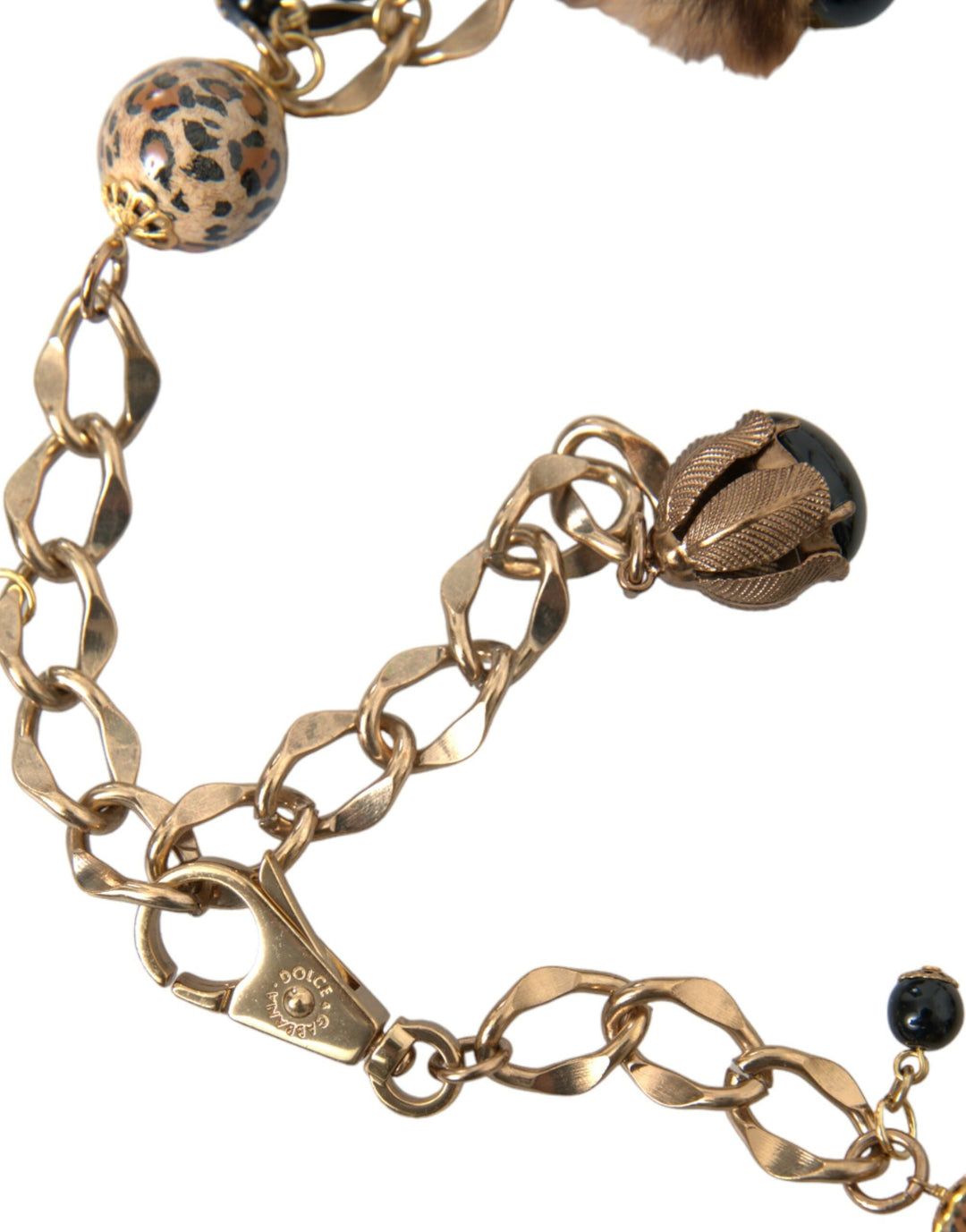Women’s Dolce &amp; Gabbana Gold Brass Leopard Fur Pearl Collier Chain Belt