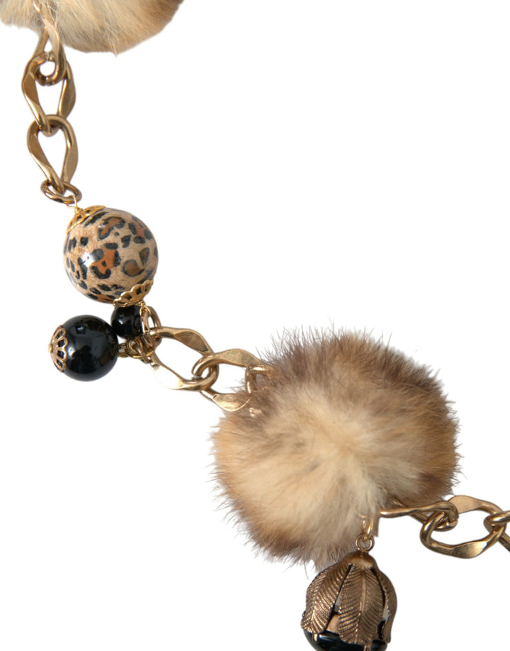 Women’s Dolce &amp; Gabbana Gold Brass Leopard Fur Pearl Collier Chain Belt