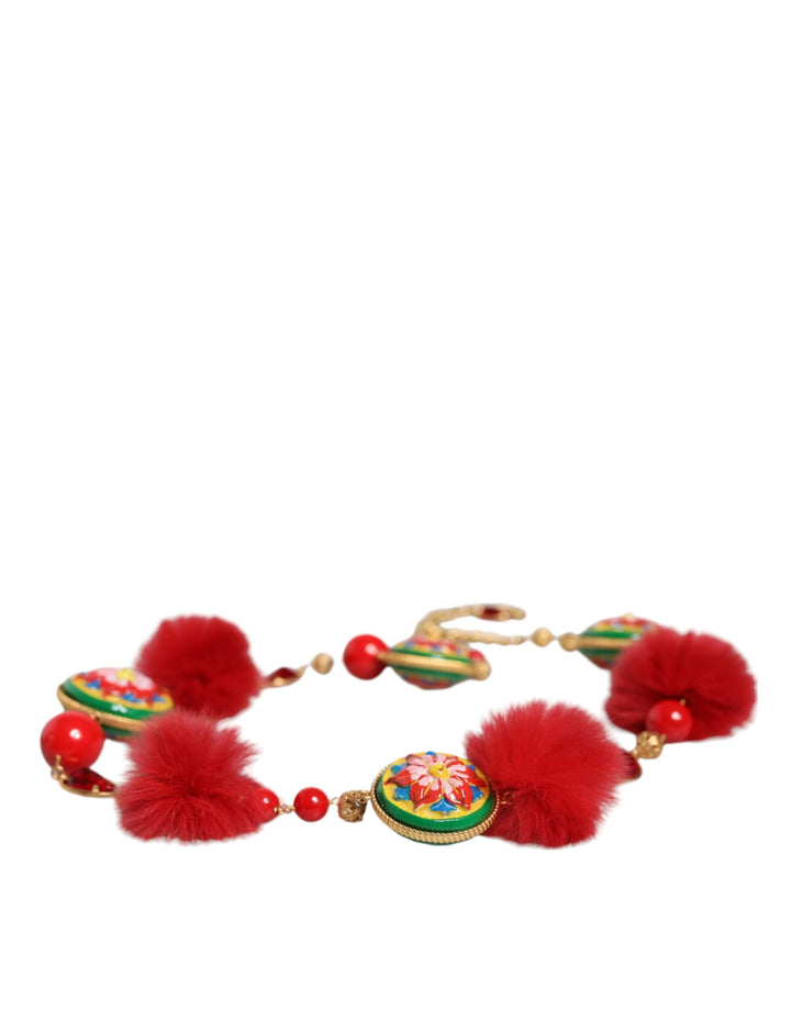 Women’s Dolce &amp; Gabbana Gold Brass Red Fur Crystal Waist Torero Belt