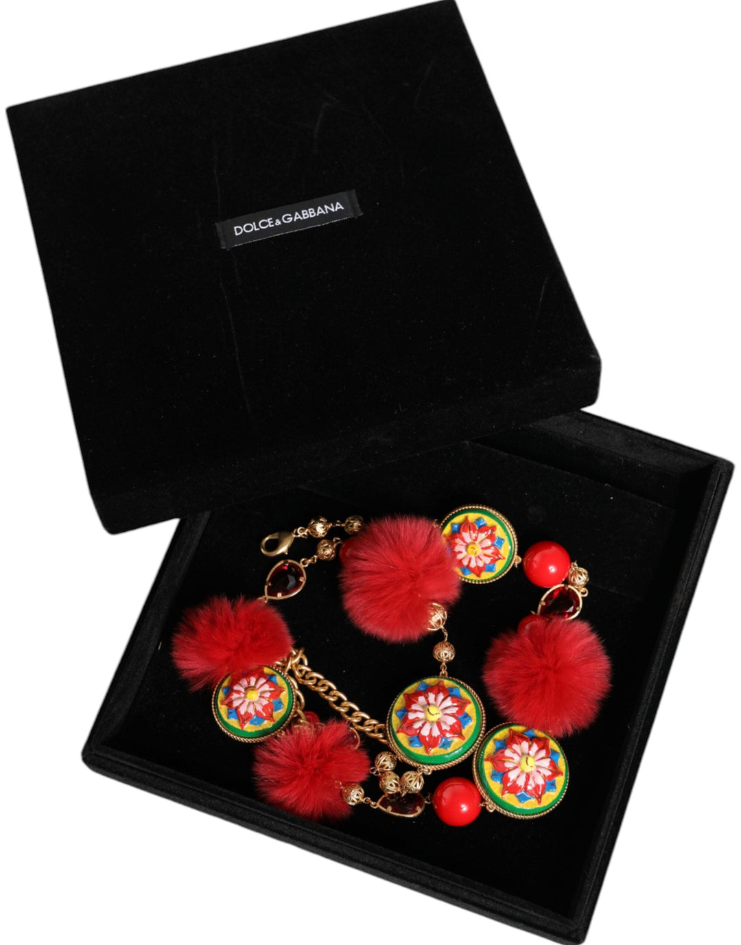 Women’s Dolce &amp; Gabbana Gold Brass Red Fur Crystal Waist Torero Belt