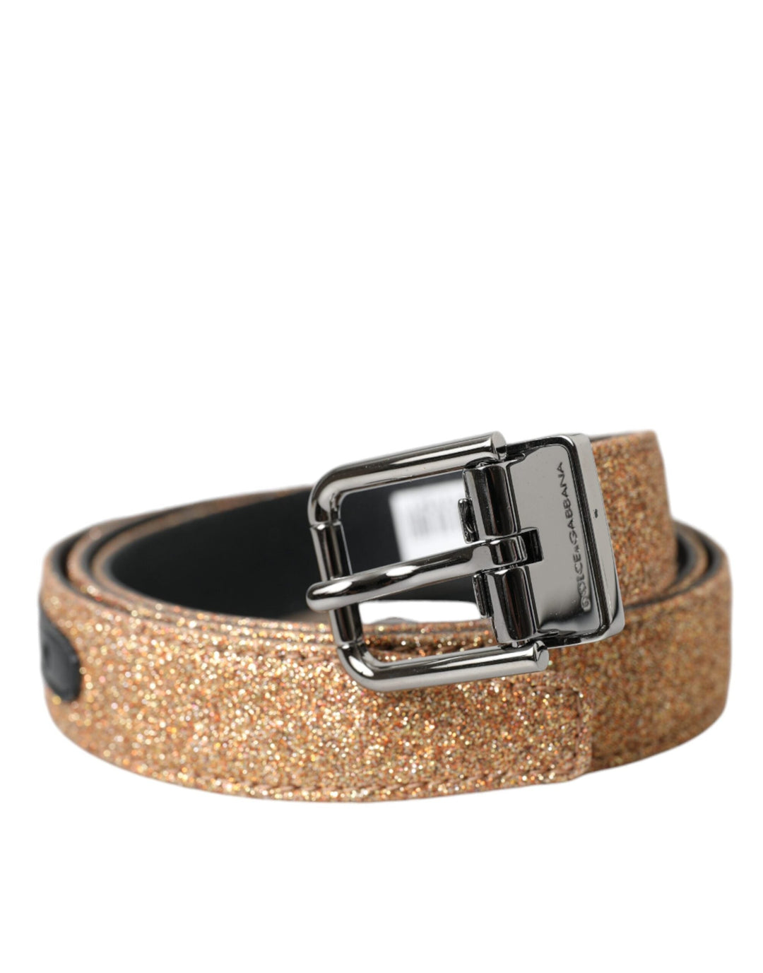 Women’s Dolce &amp; Gabbana Gold Glitter Leather Silver Metal Buckle Belt