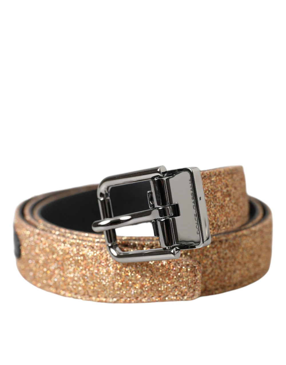 Women’s Dolce & Gabbana Gold Glitter Leather Silver Metal Buckle Belt