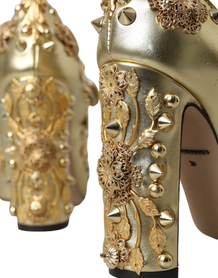 Women’s Dolce &amp; Gabbana Gold Leather Crystal Mary Janes Pumps Shoes