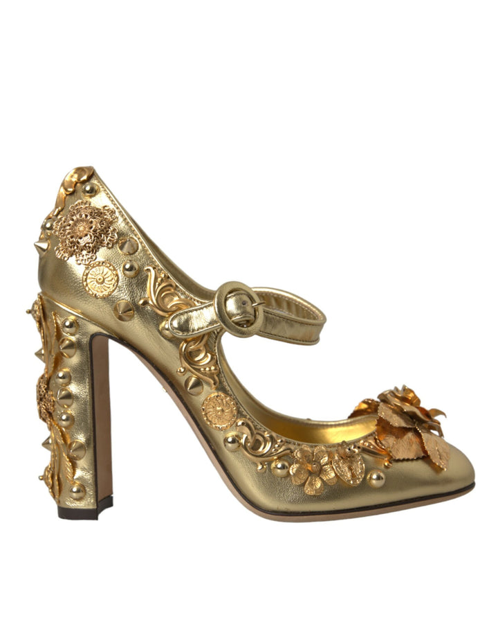Women’s Dolce &amp; Gabbana Gold Leather Crystal Mary Janes Pumps Shoes