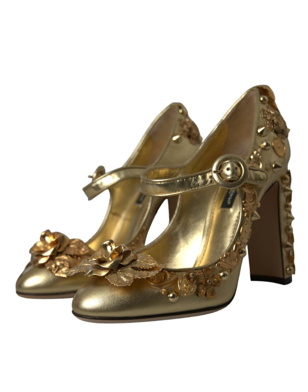 Women’s Dolce &amp; Gabbana Gold Leather Crystal Mary Janes Pumps Shoes