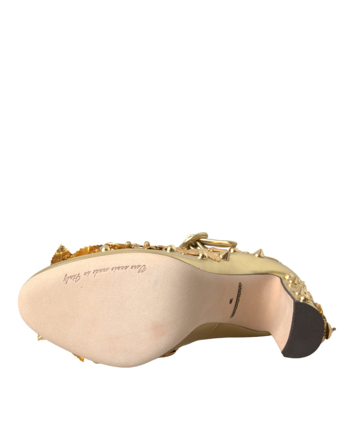 Women’s Dolce &amp; Gabbana Gold Leather Crystal Mary Janes Pumps Shoes