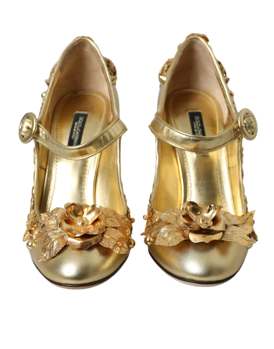 Women’s Dolce & Gabbana Gold Leather Crystal Mary Janes Pumps Shoes