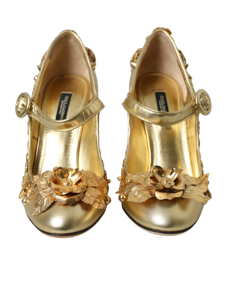 Women’s Dolce &amp; Gabbana Gold Leather Crystal Mary Janes Pumps Shoes