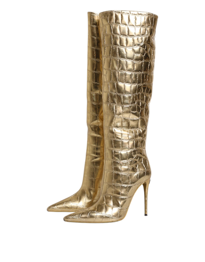 Women’s Dolce &amp; Gabbana Gold Leather Stiletto Heels High Boots Shoes
