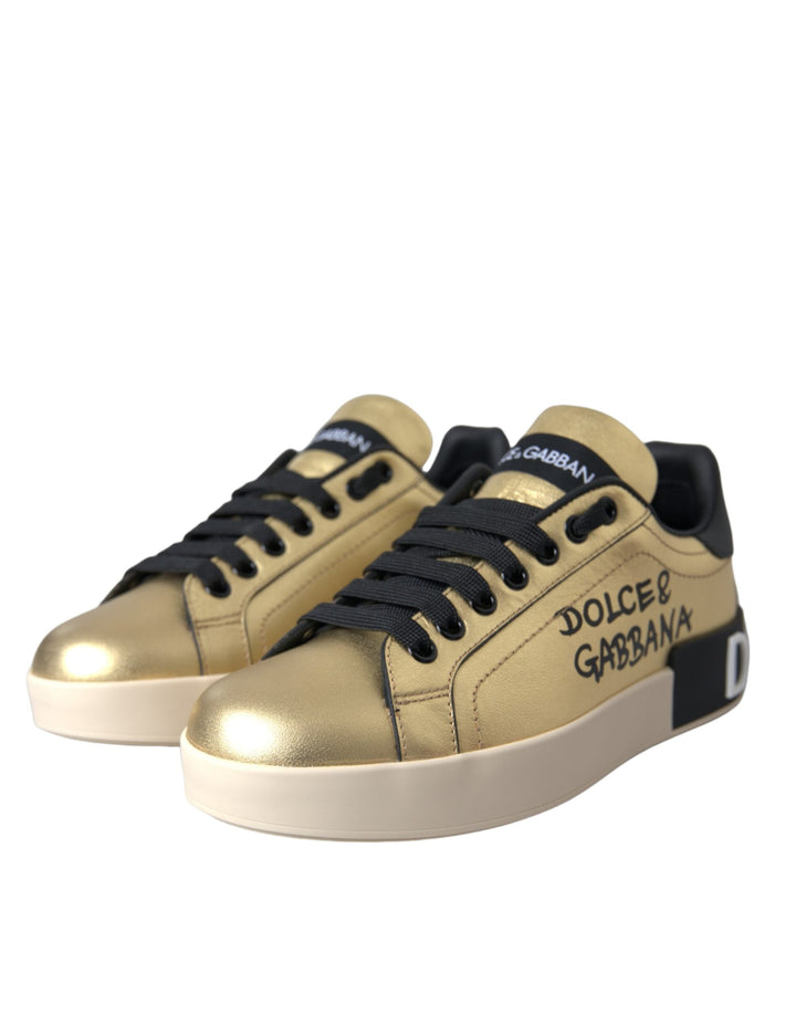 Dolce &amp; Gabbana Gold Portofino Calf Leather Sneakers Women Shoes