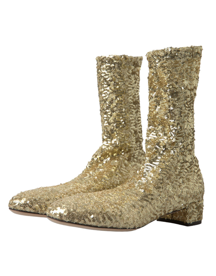 Women’s Dolce &amp; Gabbana Gold Sequined Short Boots Stretch Shoes
