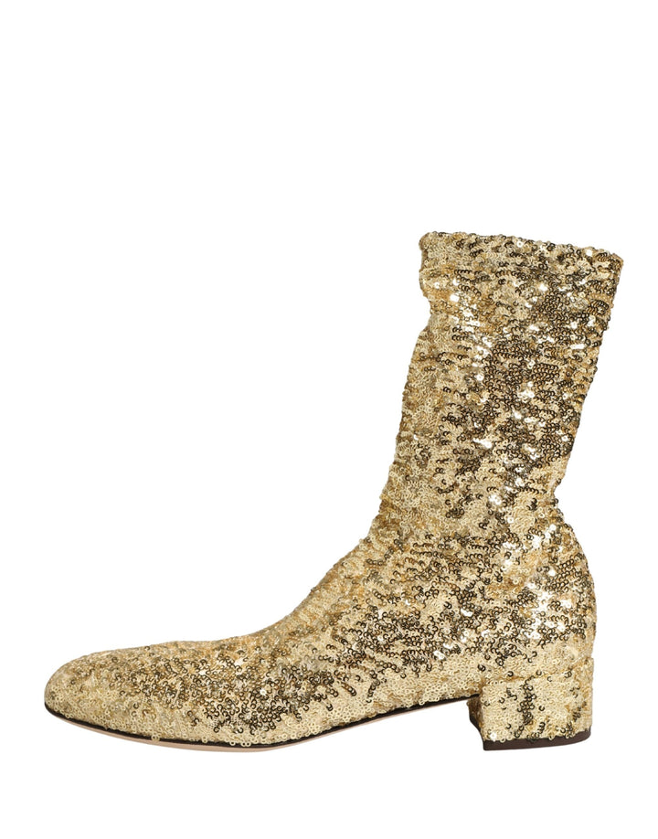 Dolce &amp; Gabbana Gold Sequined Short Boots Stretch Shoes