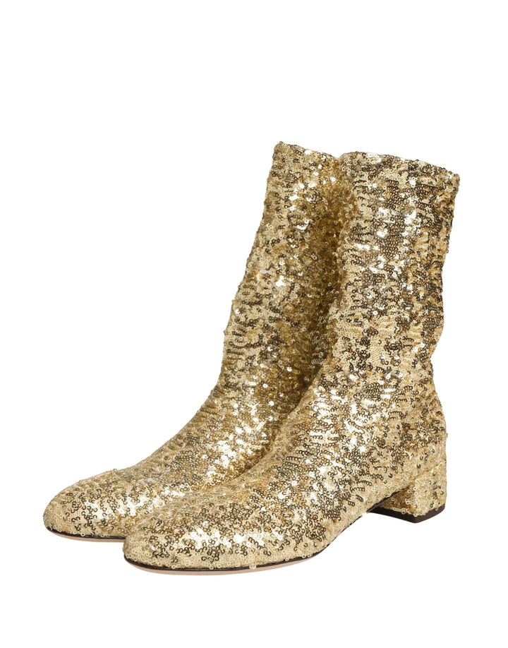 Dolce &amp; Gabbana Gold Sequined Short Boots Stretch Shoes