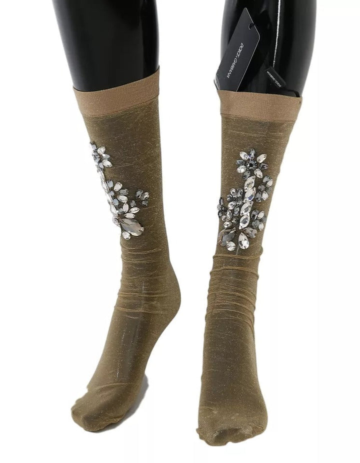 Dolce &amp; Gabbana Gold Stretch Floral Clear Crystal Stocking Socks