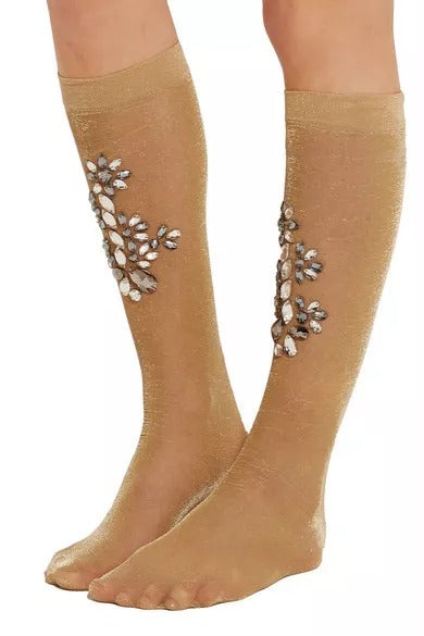 Dolce &amp; Gabbana Gold Stretch Floral Clear Crystal Stocking Socks