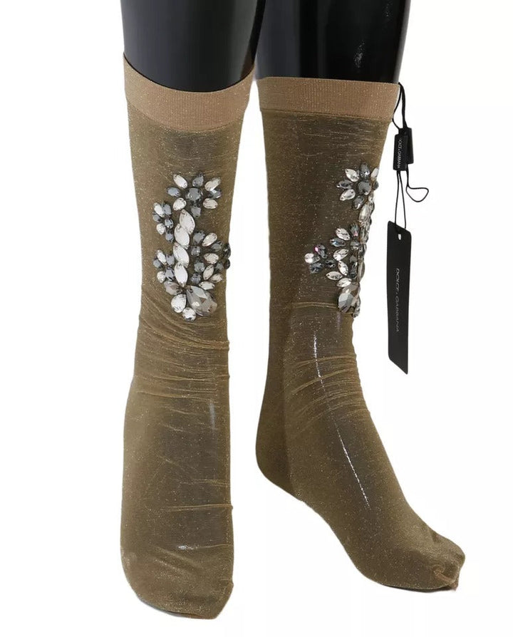 Dolce &amp; Gabbana Gold Stretch Floral Clear Crystal Stocking Socks