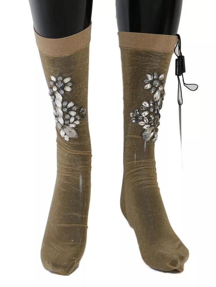 Dolce &amp; Gabbana Gold Stretch Floral Clear Crystal Stocking Socks