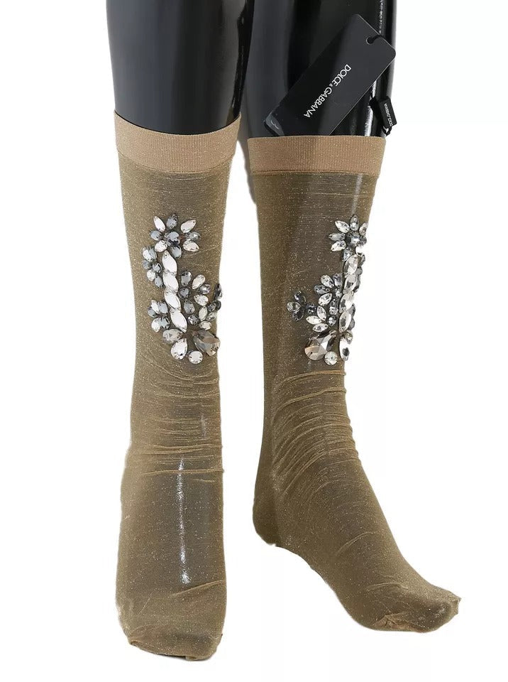 Dolce &amp; Gabbana Gold Stretch Floral Clear Crystal Stocking Socks