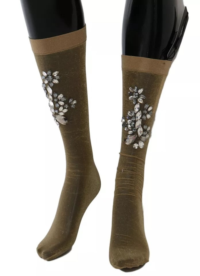 Dolce &amp; Gabbana Gold Stretch Floral Clear Crystal Stocking Socks