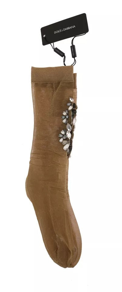 Dolce &amp; Gabbana Gold Stretch Floral Clear Crystal Stocking Socks