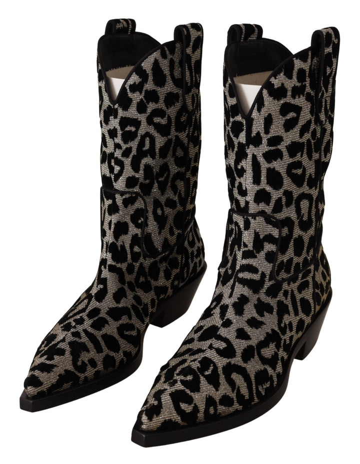 Women’s Dolce &amp; Gabbana Gray Black Leopard Cowboy Boots Shoes