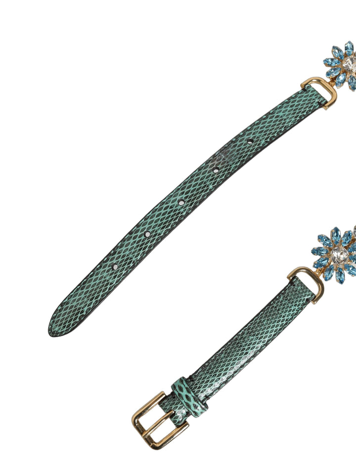 Women’s Dolce &amp; Gabbana Green Leather Daisy Crystal Embellished Waist Belt