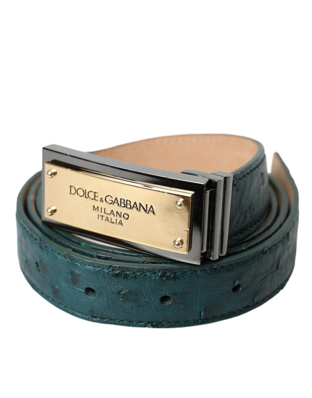 Women’s Dolce &amp; Gabbana Green Leather Gold Logo Engraved Buckle Belt