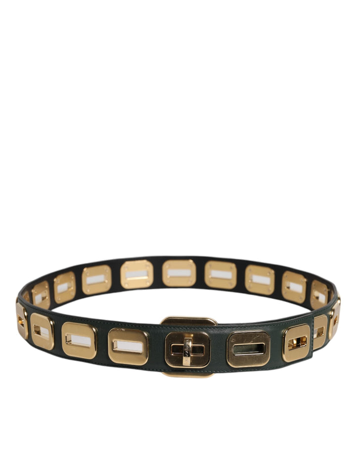 Women’s Dolce &amp; Gabbana Green Leather Gold Tone Rotating Buckle Belt