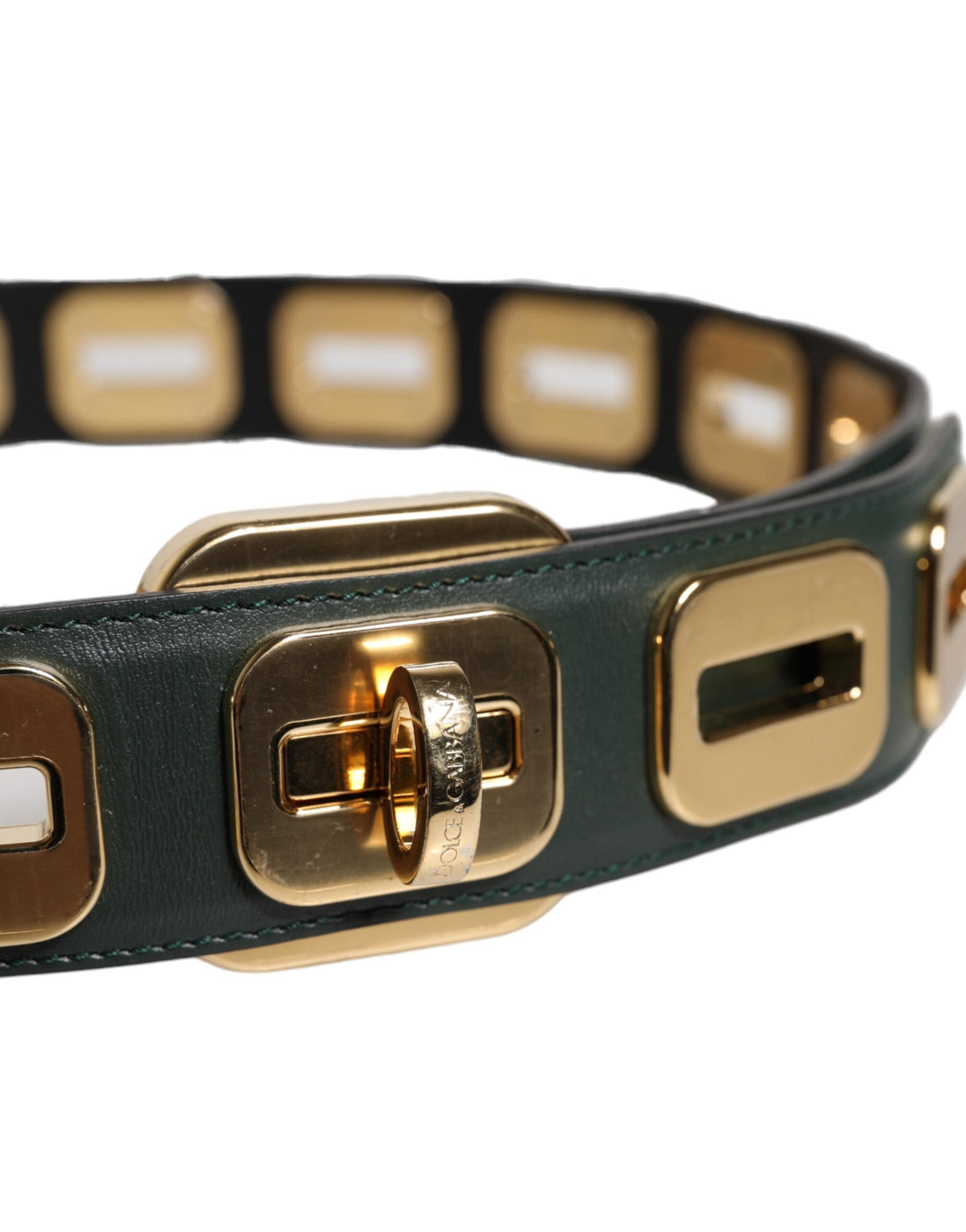Women’s Dolce &amp; Gabbana Green Leather Gold Tone Rotating Buckle Belt