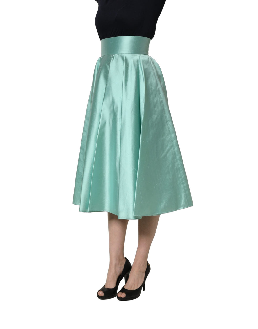 Women’s Dolce &amp; Gabbana Green Satin High-waisted Pleated A-line Midi Skirt