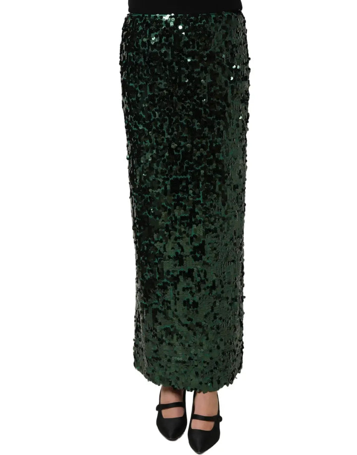 Women’s Dolce &amp; Gabbana Green Sequin High Waist Pencil Cut Midi Skirt