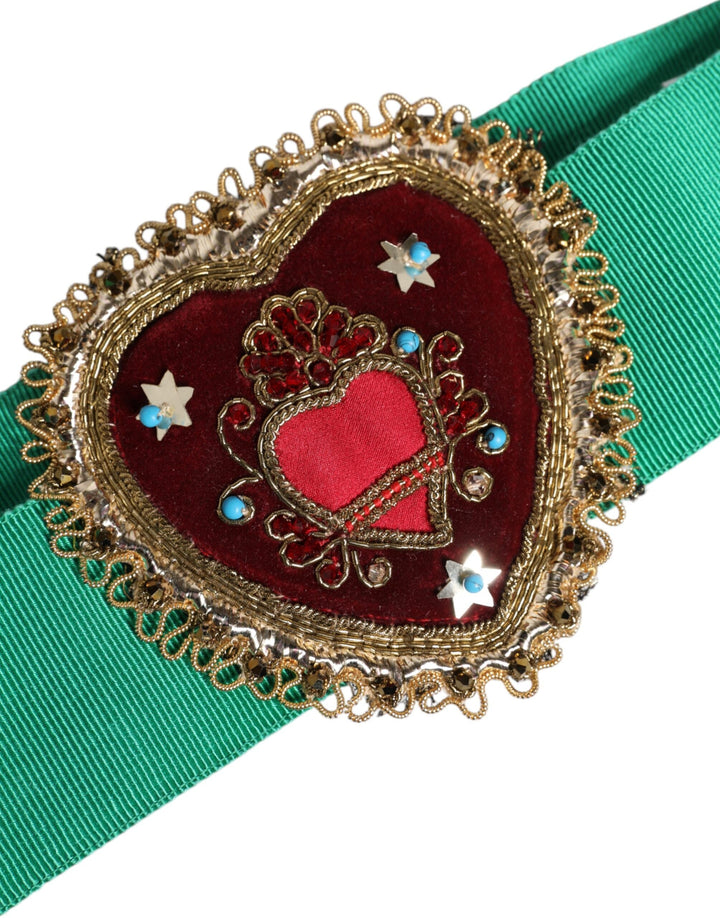 Women’s Dolce &amp; Gabbana Green Stretch Wide Waist Heart Embellished Belt