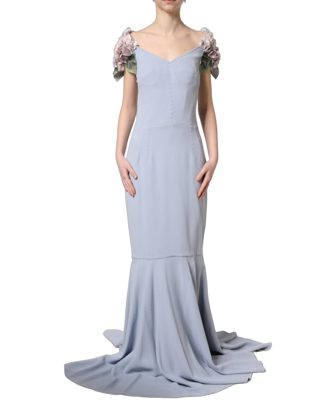Women’s Dolce &amp; Gabbana Light Blue Hydrangea Embellished Cap Sleeve Dress
