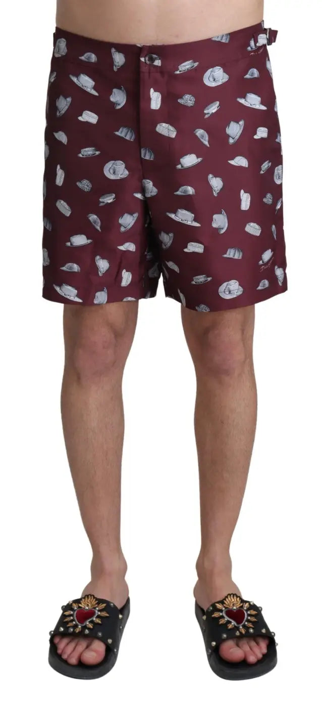 Women’s Dolce &amp; Gabbana Maroon Hats Print Beachwear Shorts Swimwear