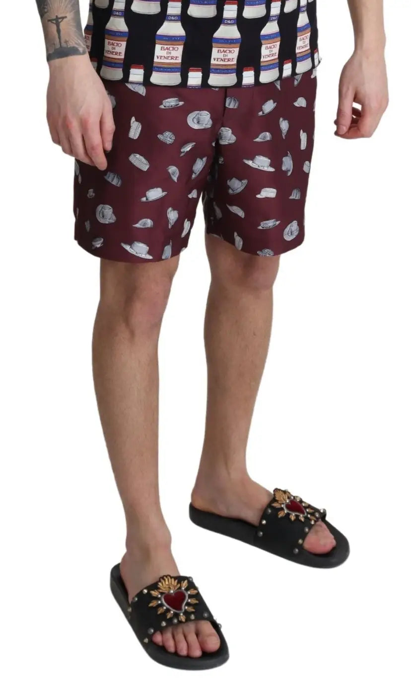 Women’s Dolce &amp; Gabbana Maroon Hats Print Beachwear Shorts Swimwear