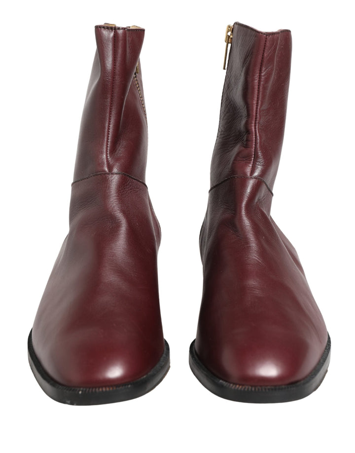 Women’s Dolce &amp; Gabbana Maroon Leather Flats Biker Ankle Boots Shoes