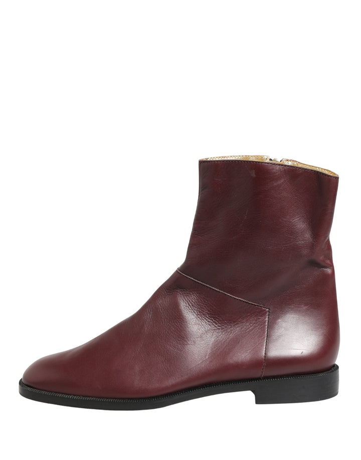Women’s Dolce &amp; Gabbana Maroon Leather Flats Biker Ankle Boots Shoes