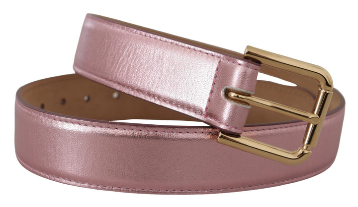Women’s Dolce &amp; Gabbana Metallic Pink Polished Leather Logo Metal Buckle Belt